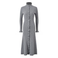 Rylan Long Fitted Ribbed Sweater - Button - Down Front with Scalloped Trim and Ruffled Hem