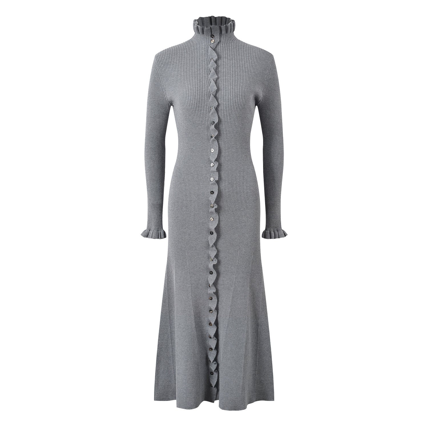 Rylan Long Fitted Ribbed Sweater - Button - Down Front with Scalloped Trim and Ruffled Hem
