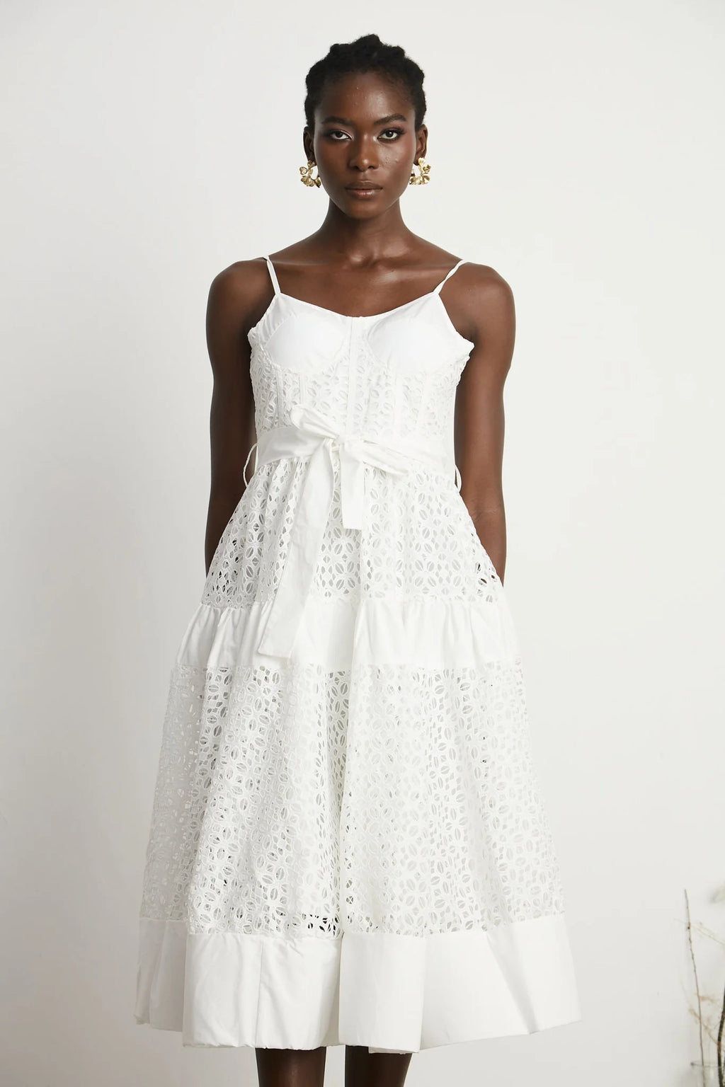 Rylan Midi Dress White Cut Out Belted Spaghetti Straps