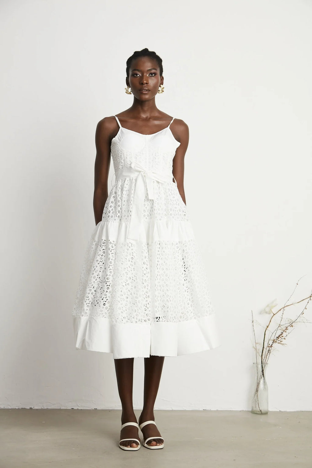 Rylan Midi Dress White Cut Out Belted Spaghetti Straps
