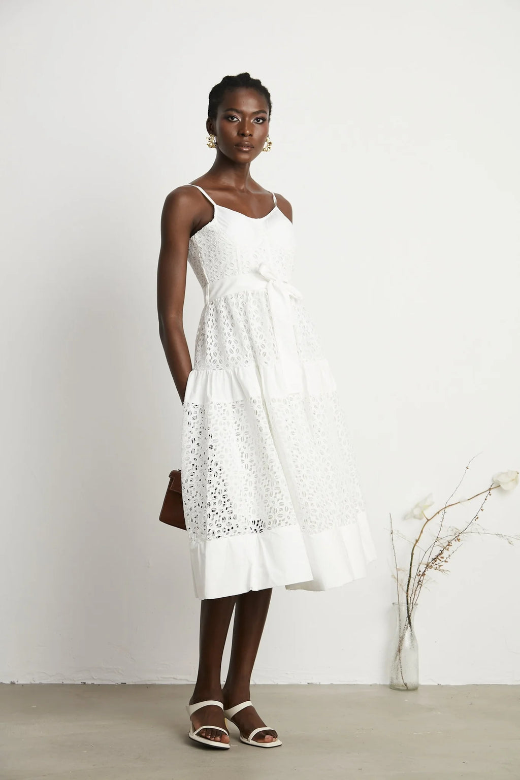 Rylan Midi Dress White Cut Out Belted Spaghetti Straps