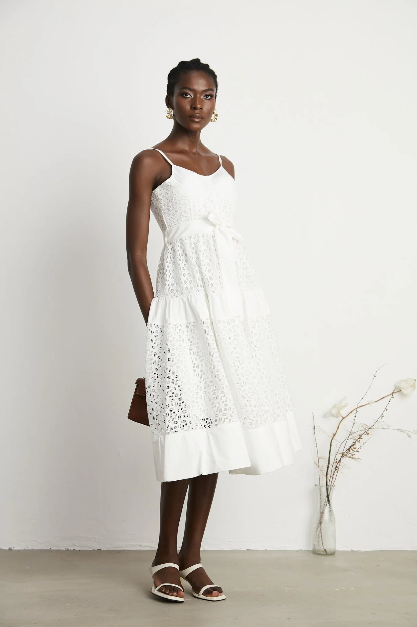 Rylan Midi Dress White Cut Out Belted Spaghetti Straps