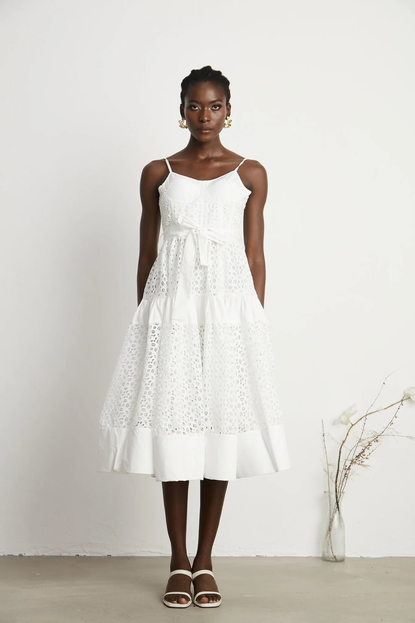 Rylan Midi Dress White Cut Out Belted Spaghetti Straps
