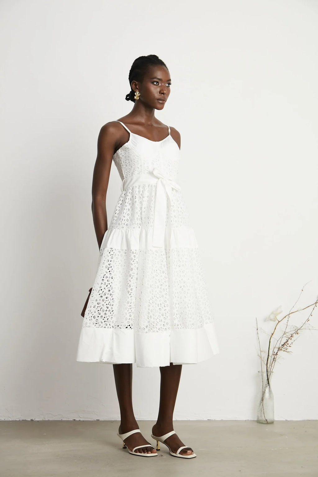 Rylan Midi Dress White Cut Out Belted Spaghetti Straps
