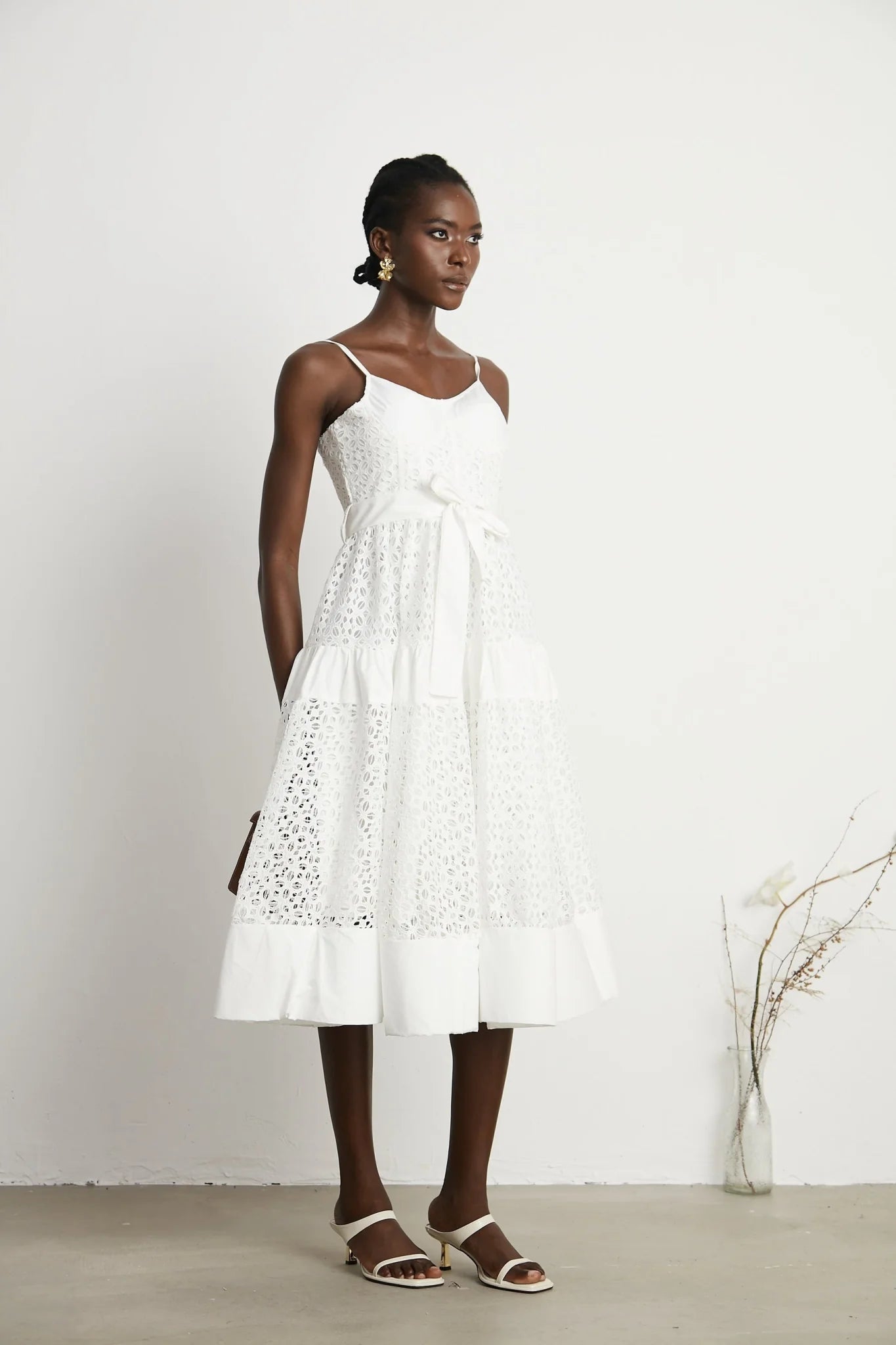 Rylan Midi Dress White Cut Out Belted Spaghetti Straps