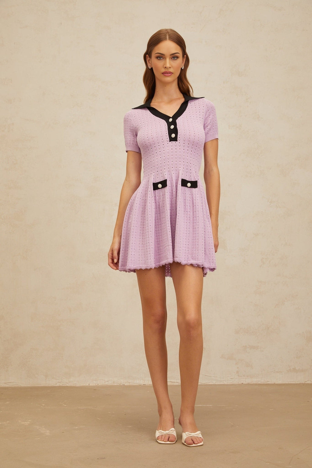 Rylan Mini Dress - Notched Lapels - Pointelle Knit - A - line Silhouette - Decorative Buttons