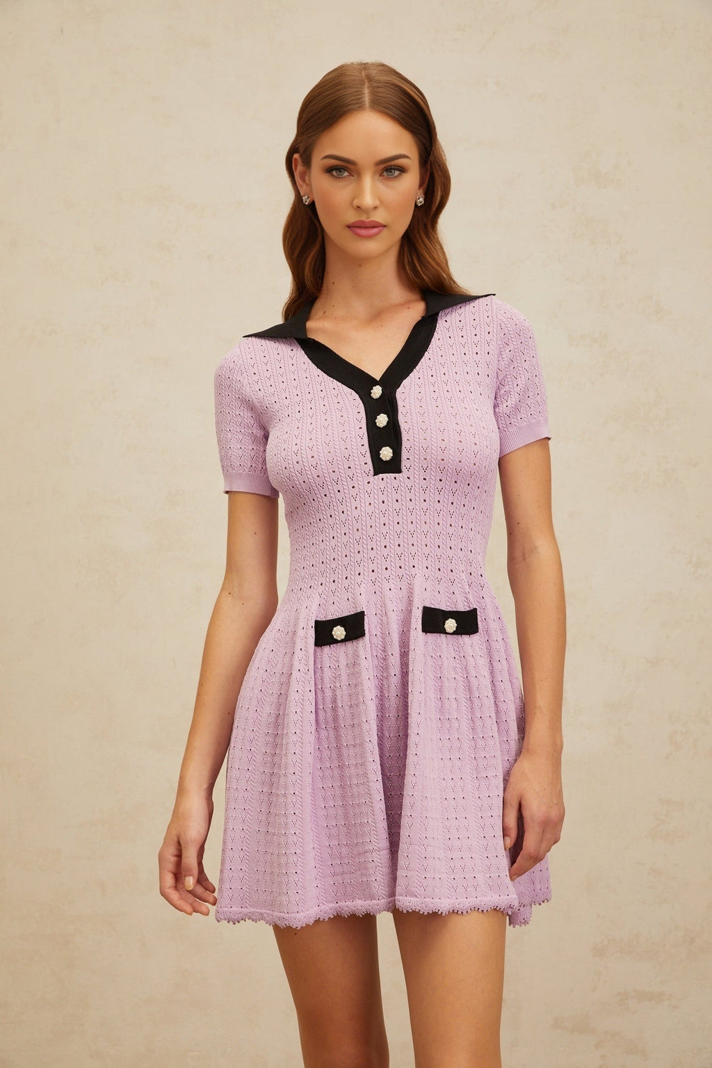Rylan Mini Dress - Notched Lapels - Pointelle Knit - A - line Silhouette - Decorative Buttons