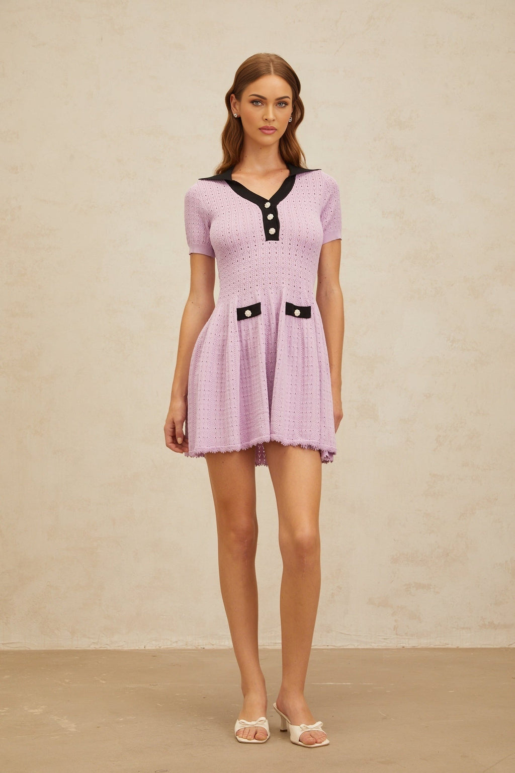 Rylan Mini Dress - Notched Lapels - Pointelle Knit - A - line Silhouette - Decorative Buttons