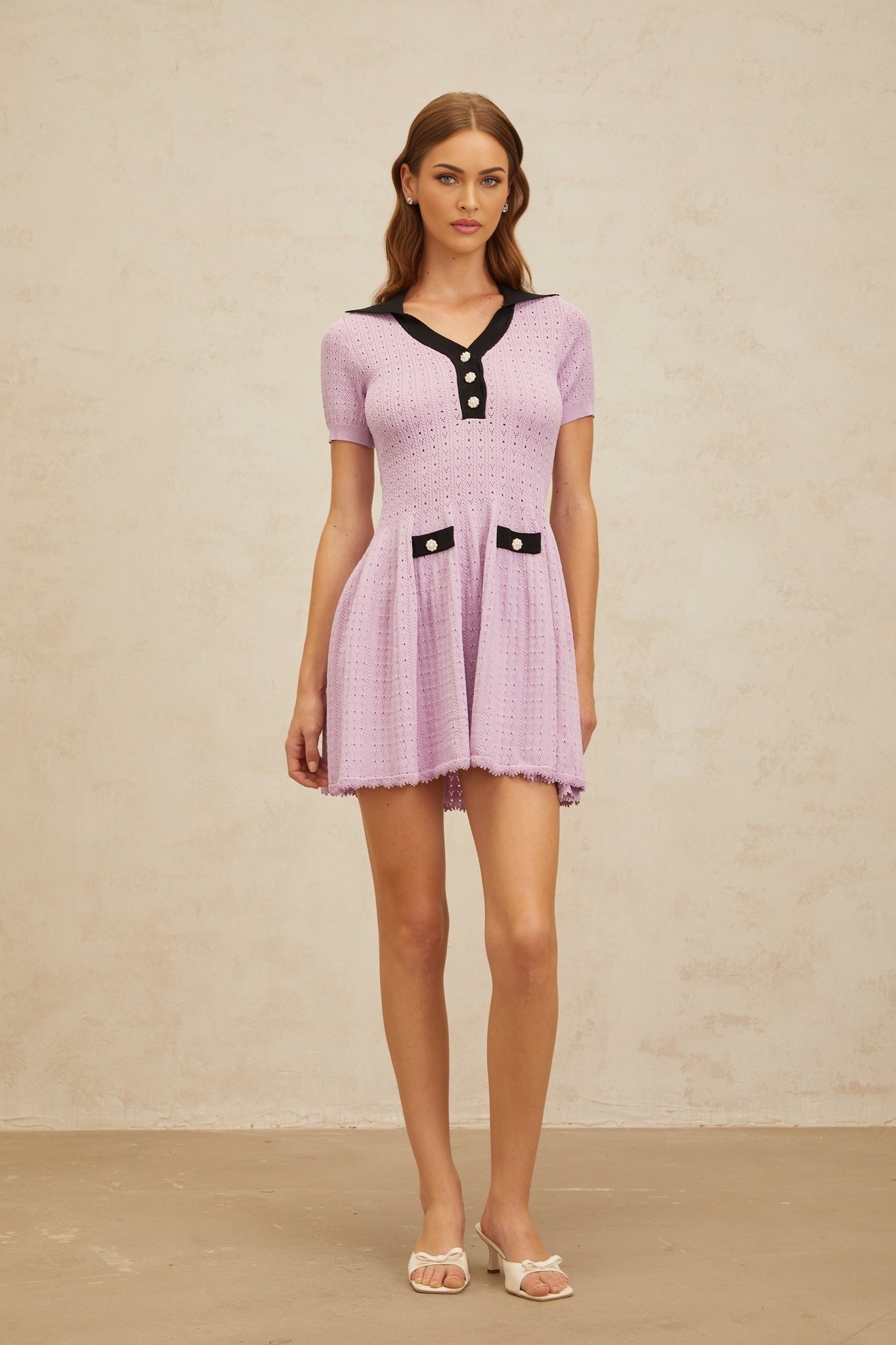 Rylan Mini Dress - Notched Lapels - Pointelle Knit - A - line Silhouette - Decorative Buttons