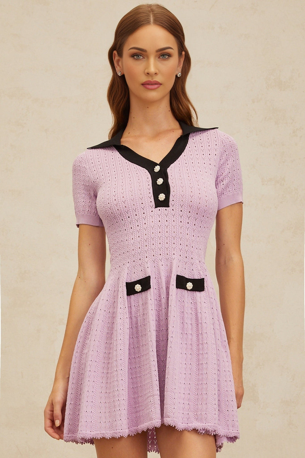 Rylan Mini Dress - Notched Lapels - Pointelle Knit - A - line Silhouette - Decorative Buttons
