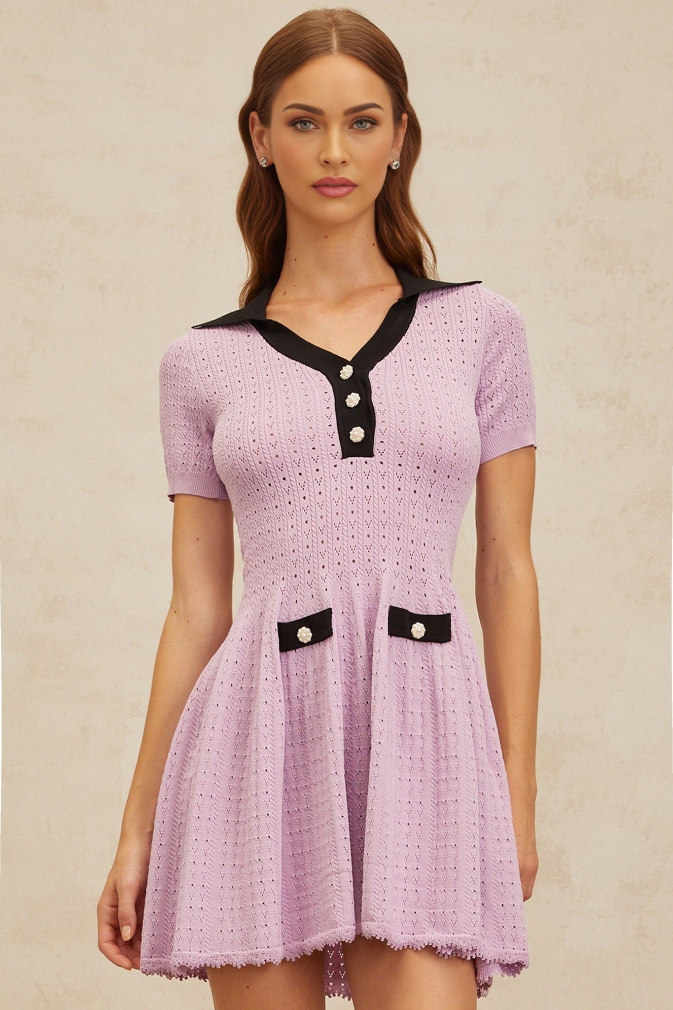 Rylan Mini Dress - Notched Lapels - Pointelle Knit - A - line Silhouette - Decorative Buttons