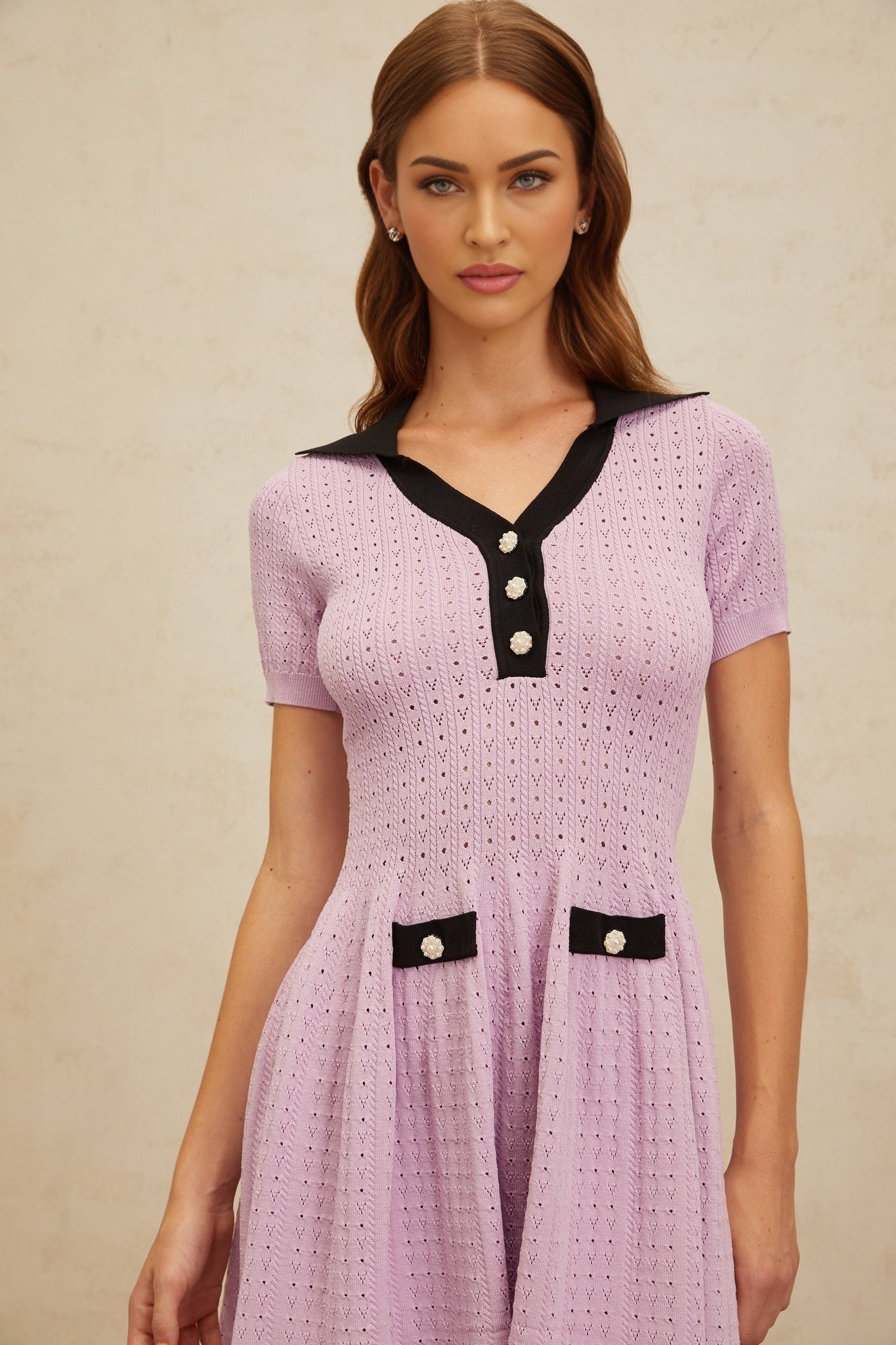 Rylan Mini Dress - Notched Lapels - Pointelle Knit - A - line Silhouette - Decorative Buttons