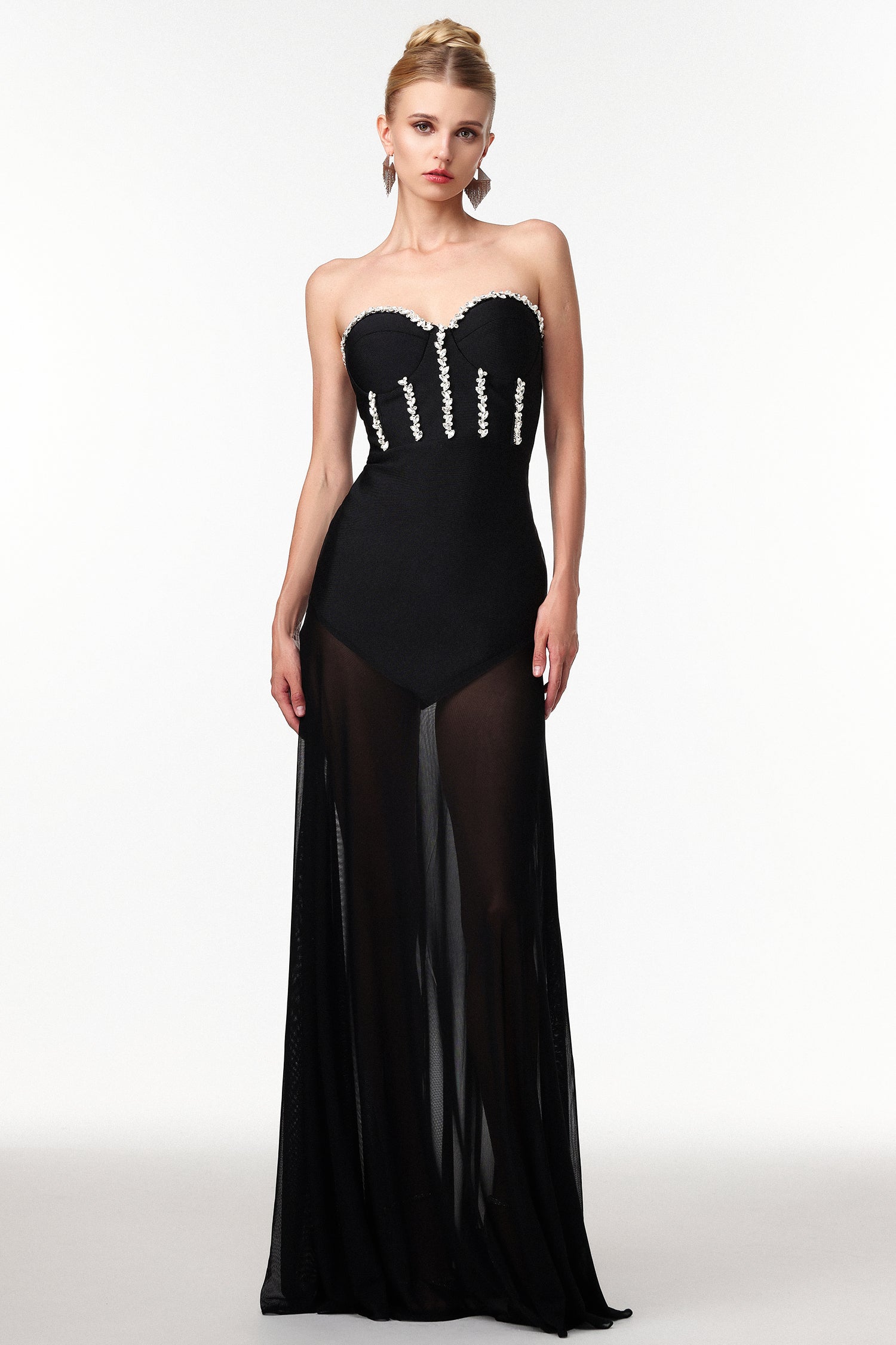 Rylee Black Rhinestone Strapless Maxi Dress for Special Occasions