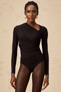Rylee Bodysuit Black Split Asymmetric Snap Fit & Long Sleeve