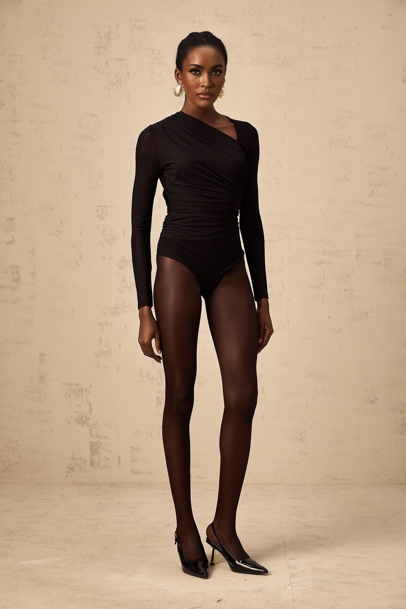 Rylee Bodysuit Black Split Asymmetric Snap Fit & Long Sleeve