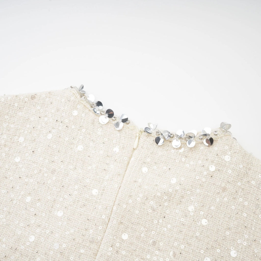 Rylee Mini Dress Blue Tweed Sequin Embellished in White