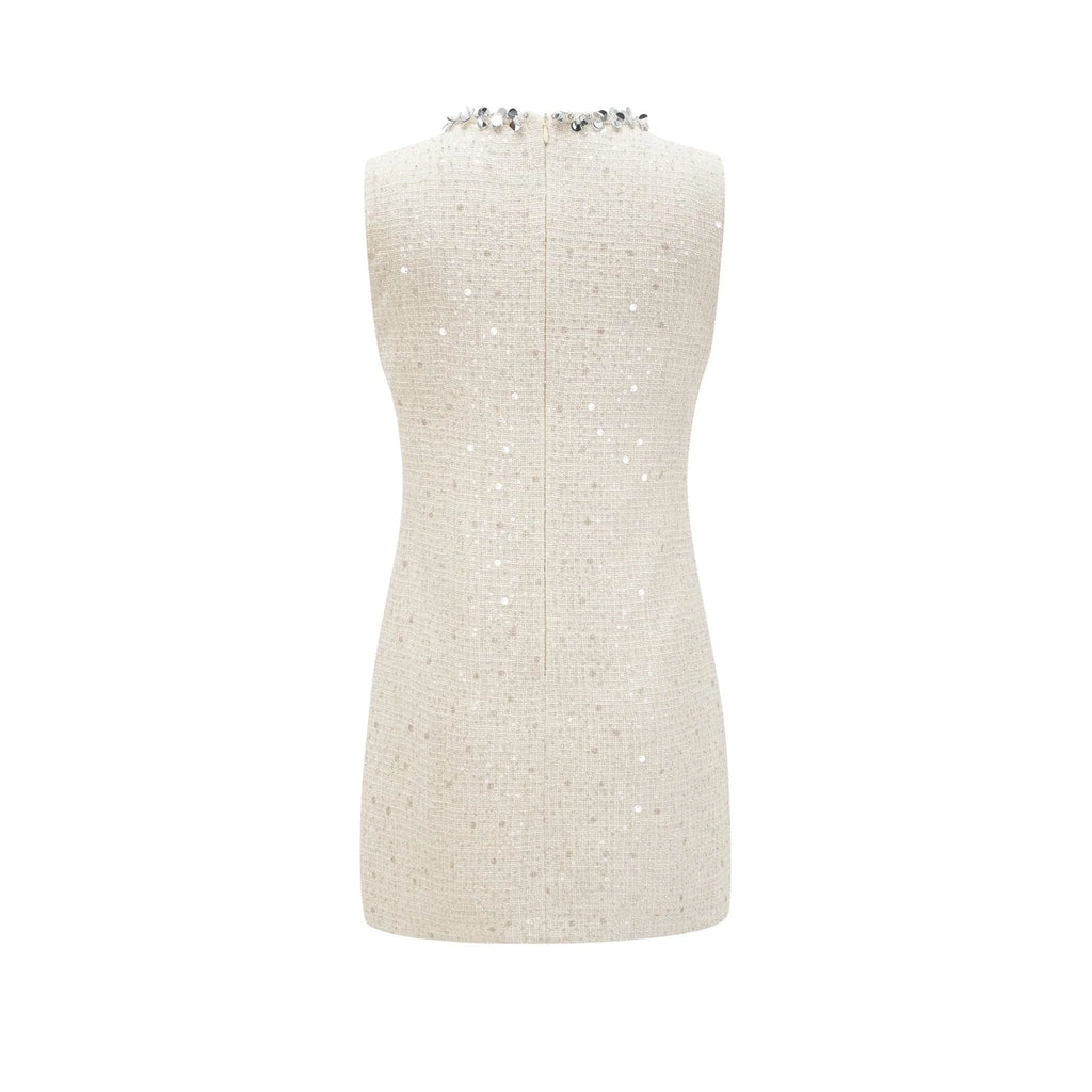 Rylee Mini Dress Blue Tweed Sequin Embellished in White