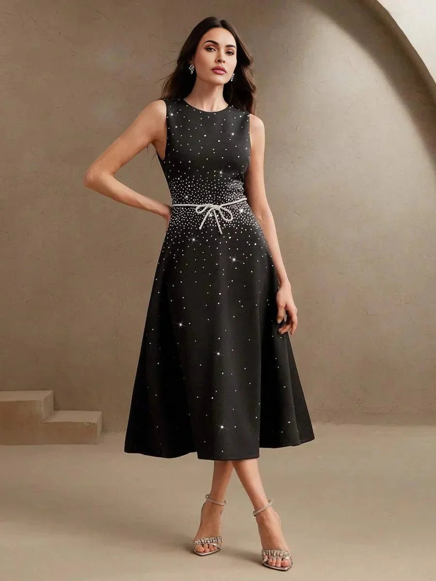 Sabina Midi Dress - Round Neck - Flared Hem - High Waist - Elegant Style - Belted & Zipper