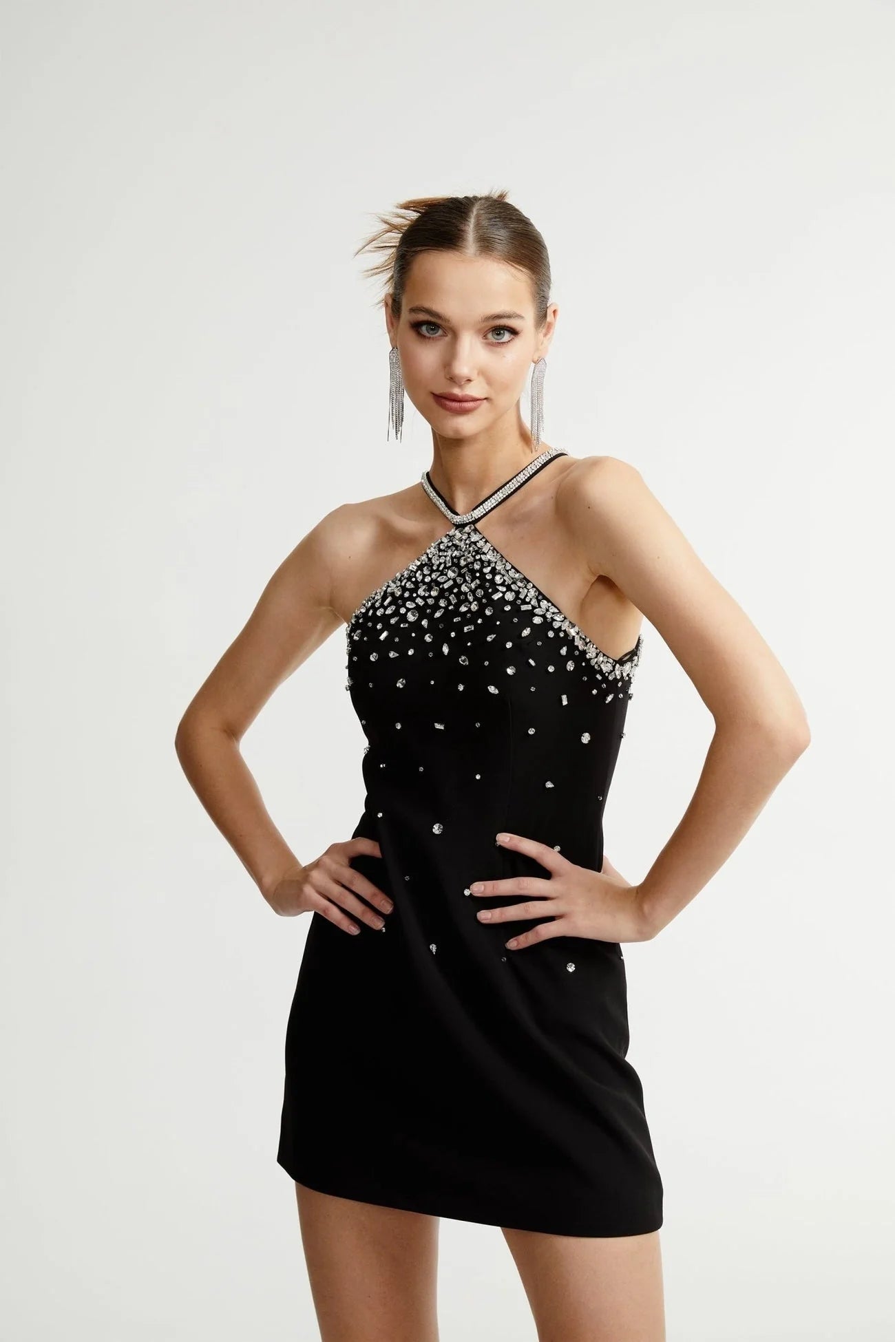 Sabina Mini Dress Black Choker Embellished Zip Fasten