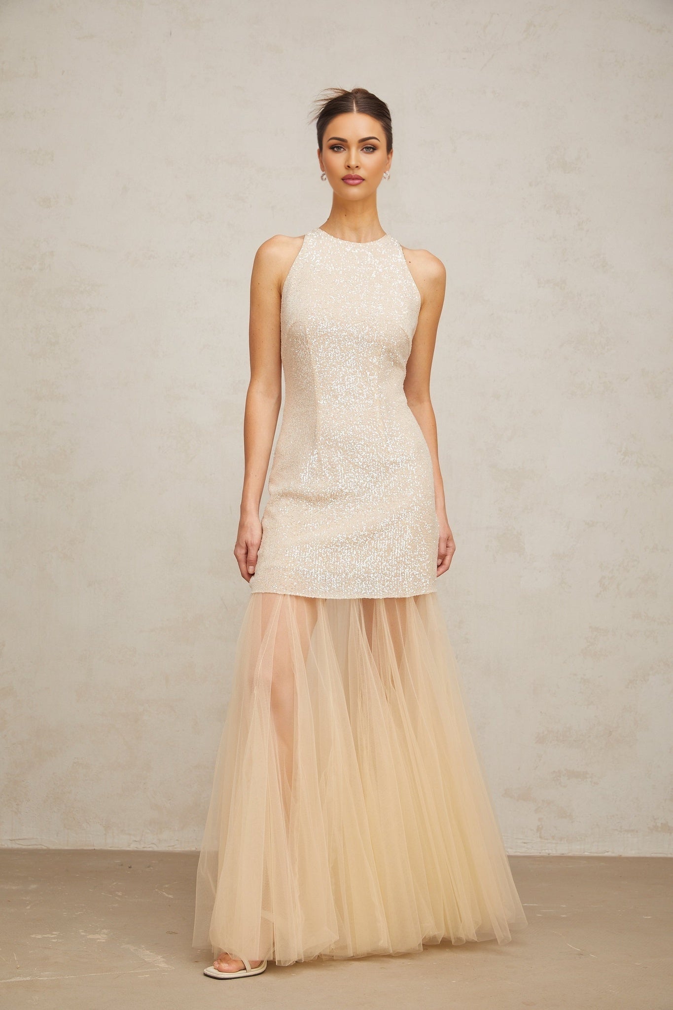 Sabrina Maxi Dress in Champagne with Sequin Embellishments