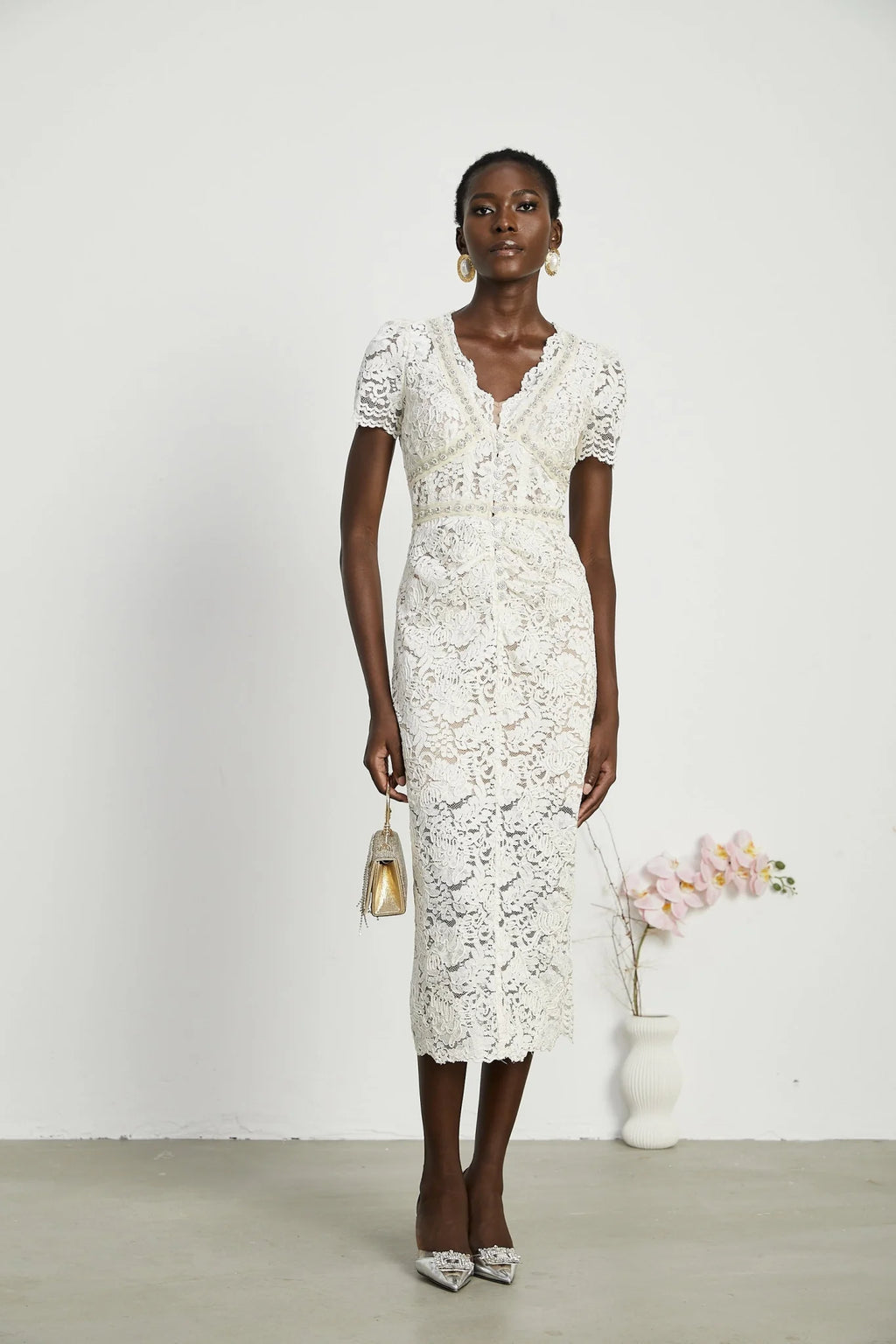 Sabrina Midi Dress White Crystal Embellished
