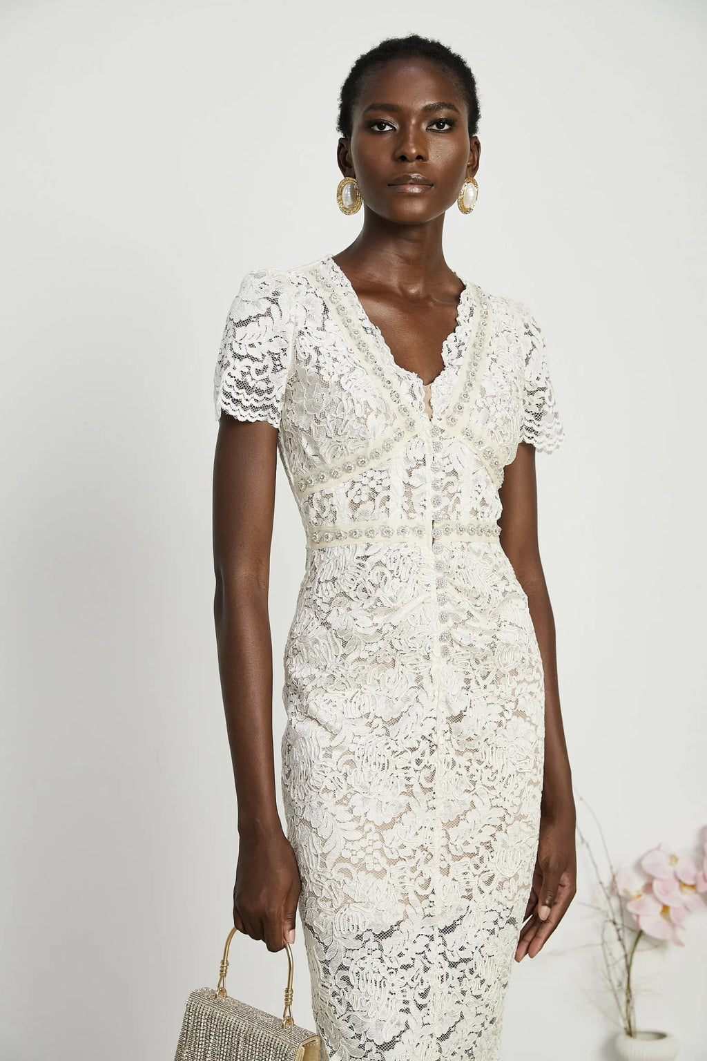 Sabrina Midi Dress White Crystal Embellished