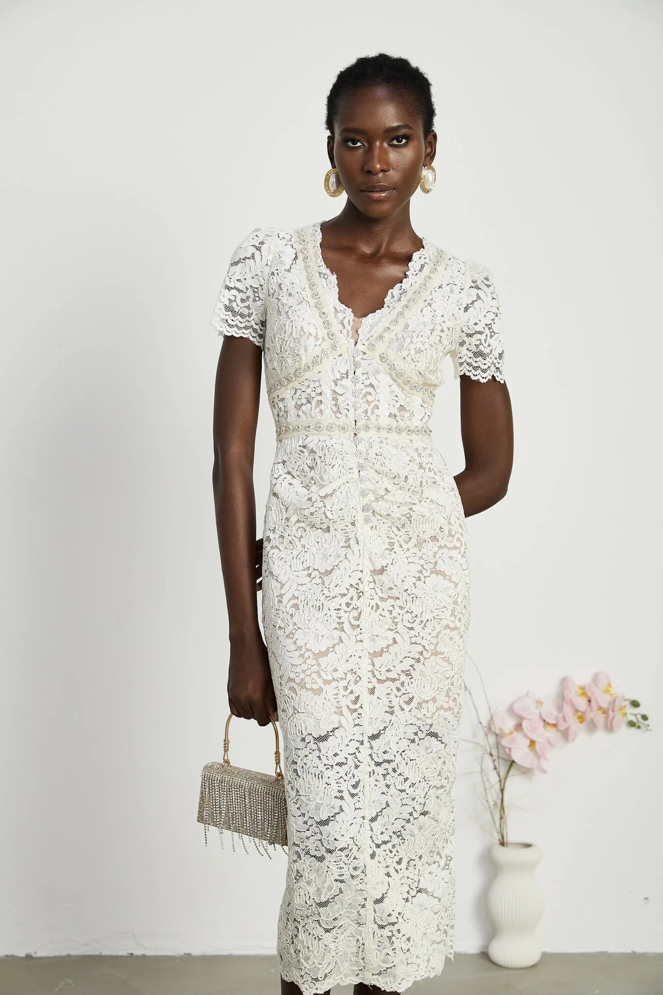 Sabrina Midi Dress White Crystal Embellished
