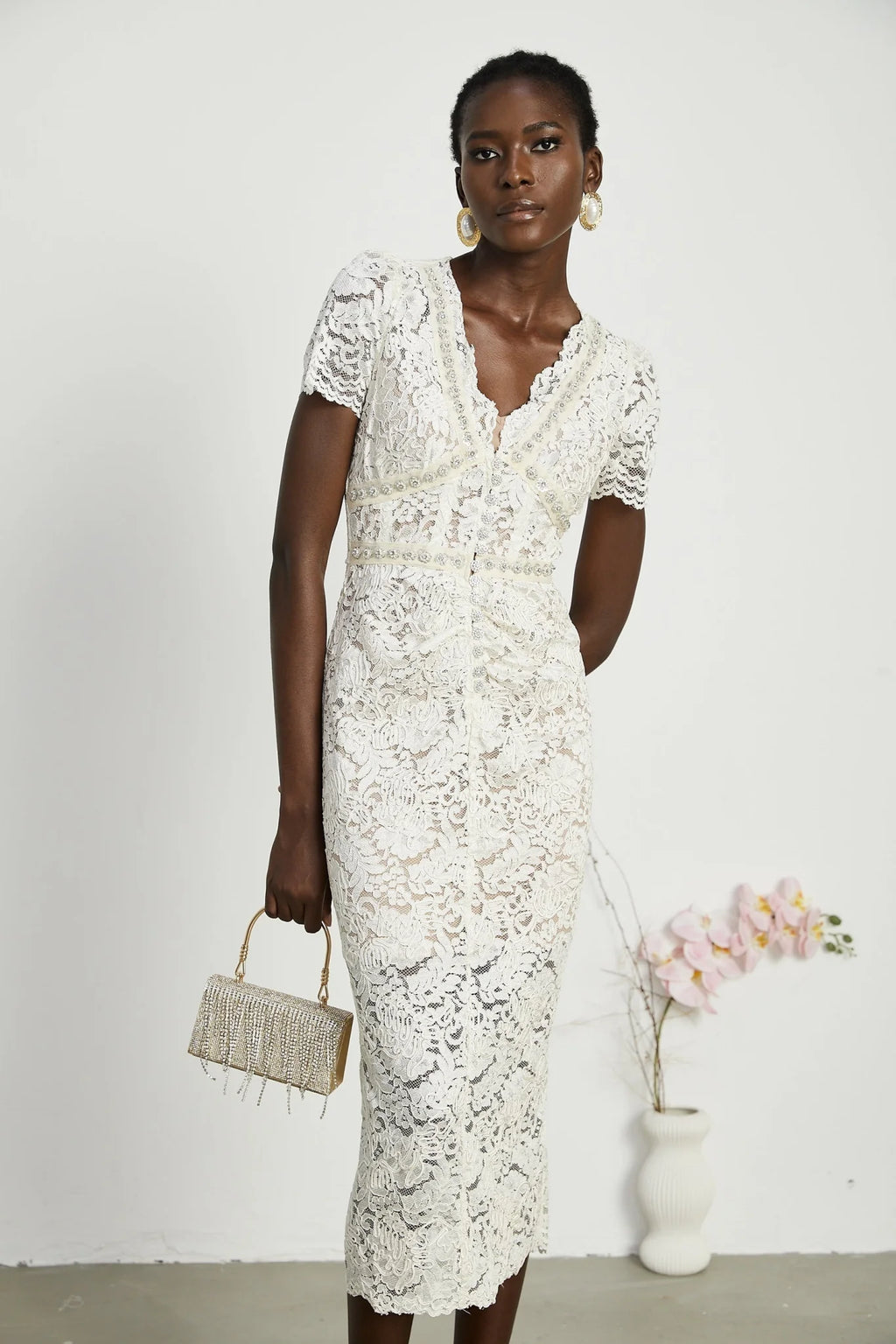 Sabrina Midi Dress White Crystal Embellished