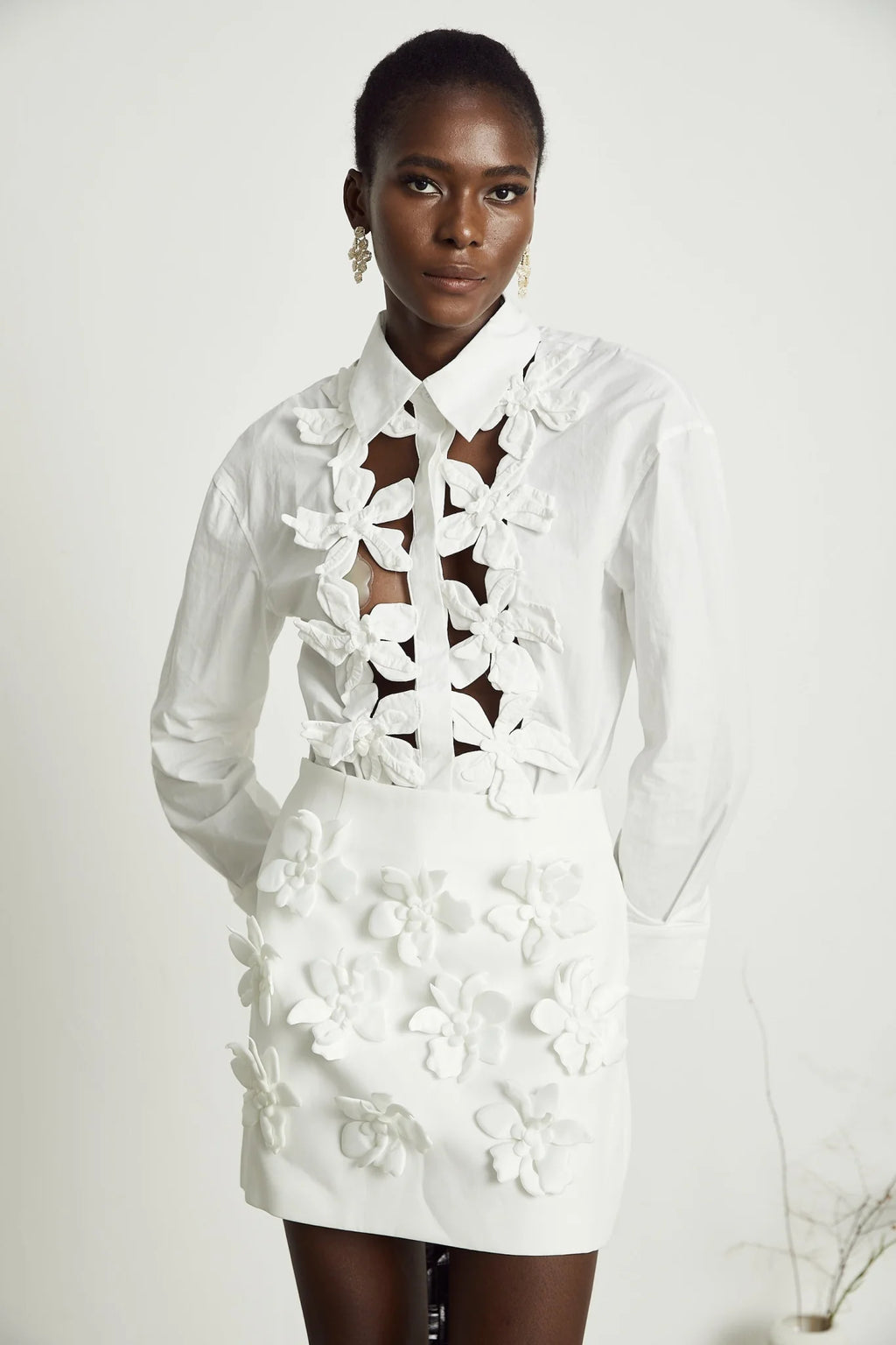 Sabrina Shirt White Floral 3D Cut Out Embellishment & Button Closure