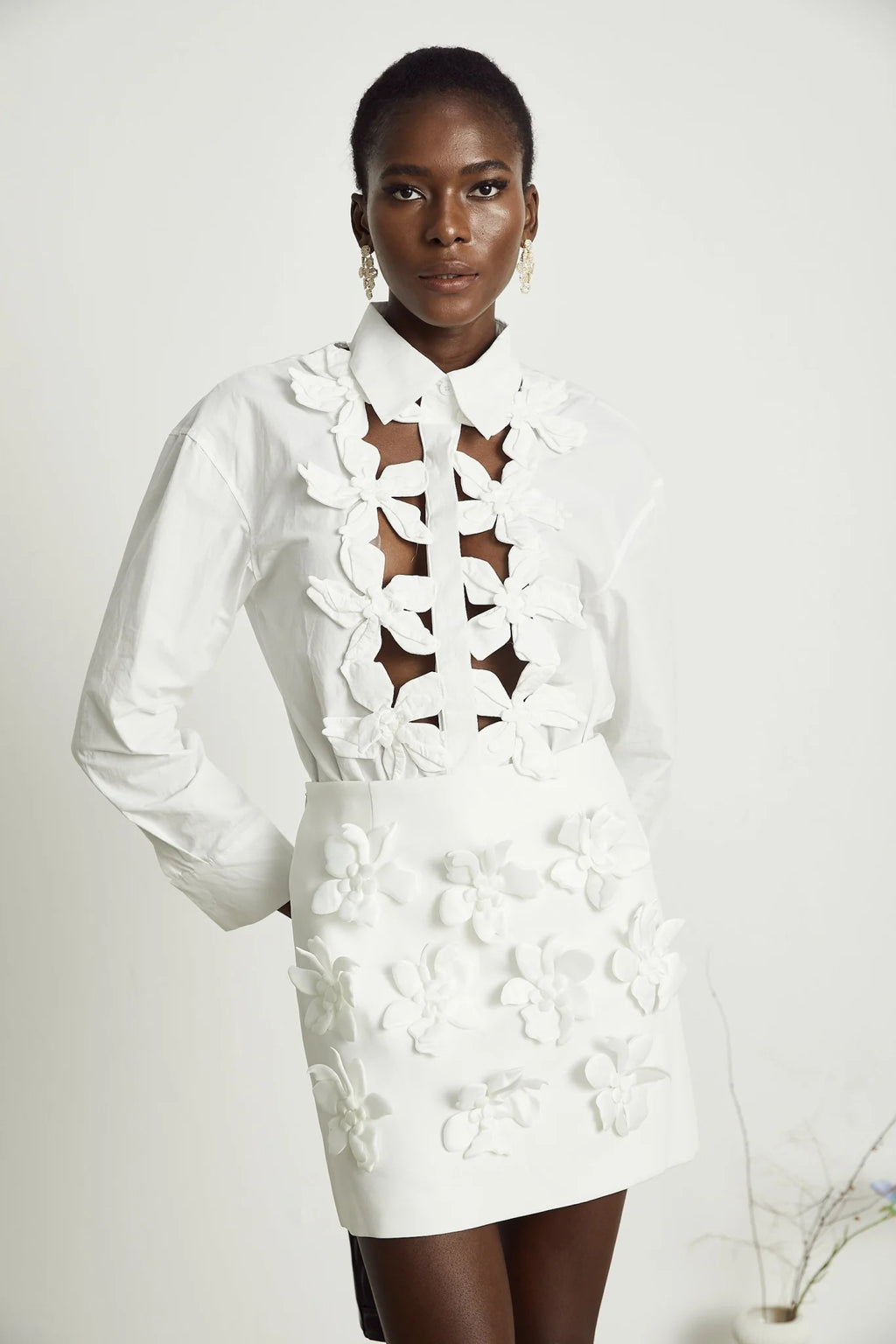 Sabrina Shirt White Floral 3D Cut Out Embellishment & Button Closure