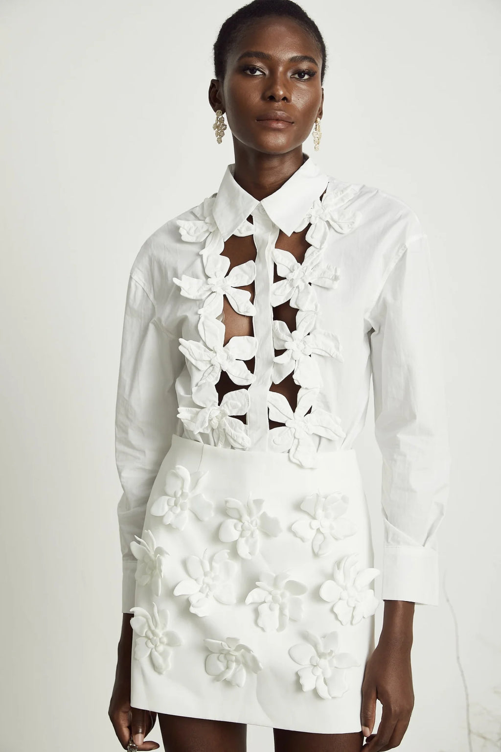 Sabrina Shirt White Floral 3D Cut Out Embellishment & Button Closure