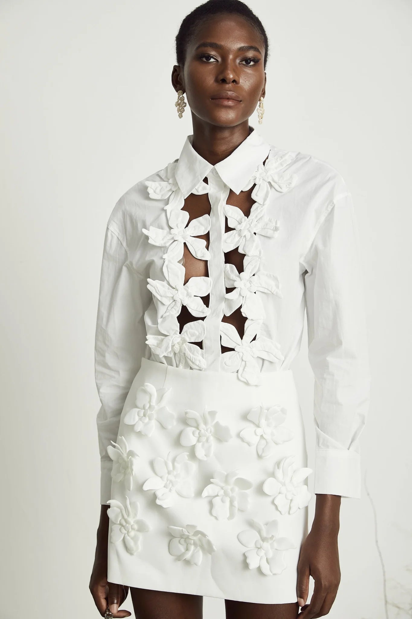 Sabrina Shirt White Floral 3D Cut Out Embellishment & Button Closure