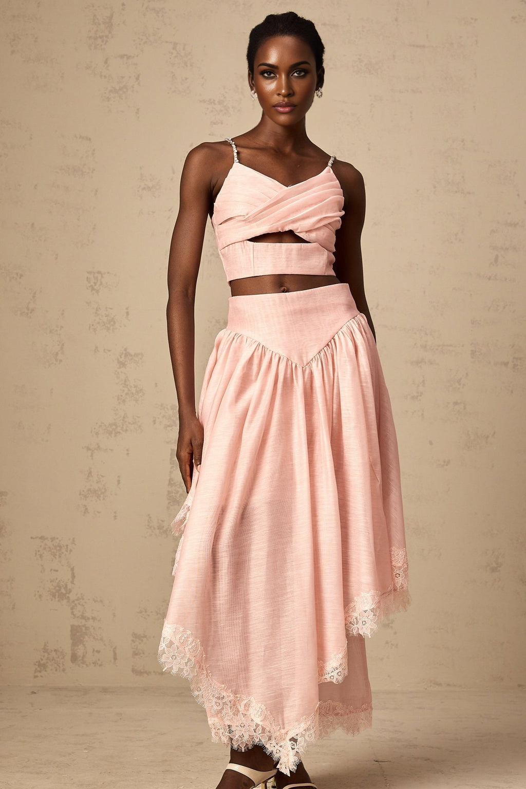 Sabrina Skirt & Top Set Lace Trim Ruffled Crystal Embellished
