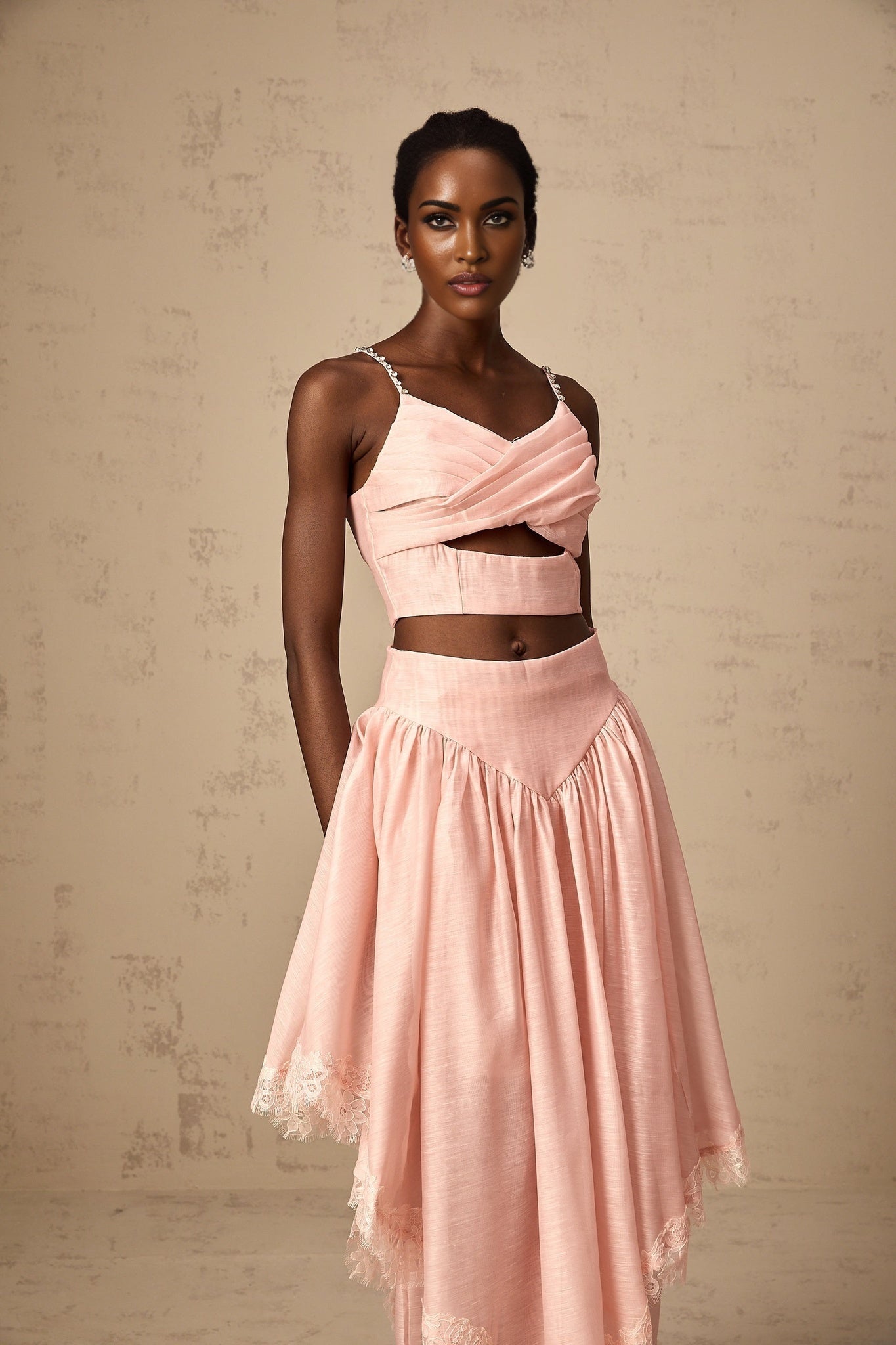 Sabrina Skirt & Top Set Lace Trim Ruffled Crystal Embellished