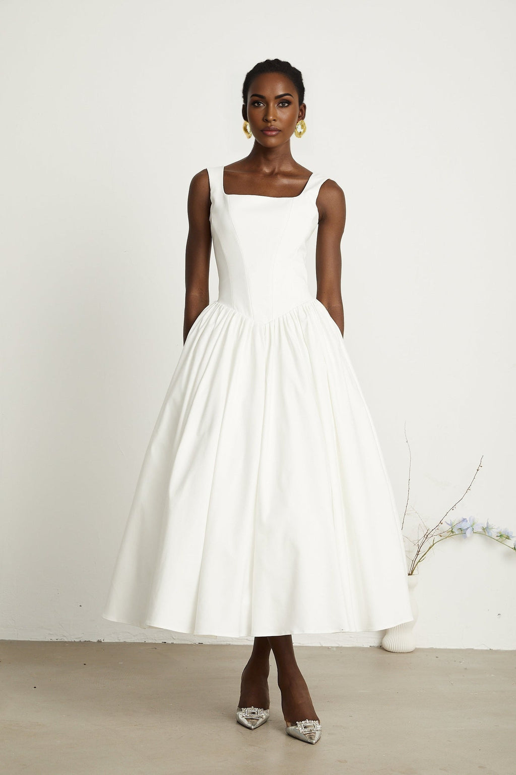 Sadie White Ankle - Length Corset Dress With Square Neckline