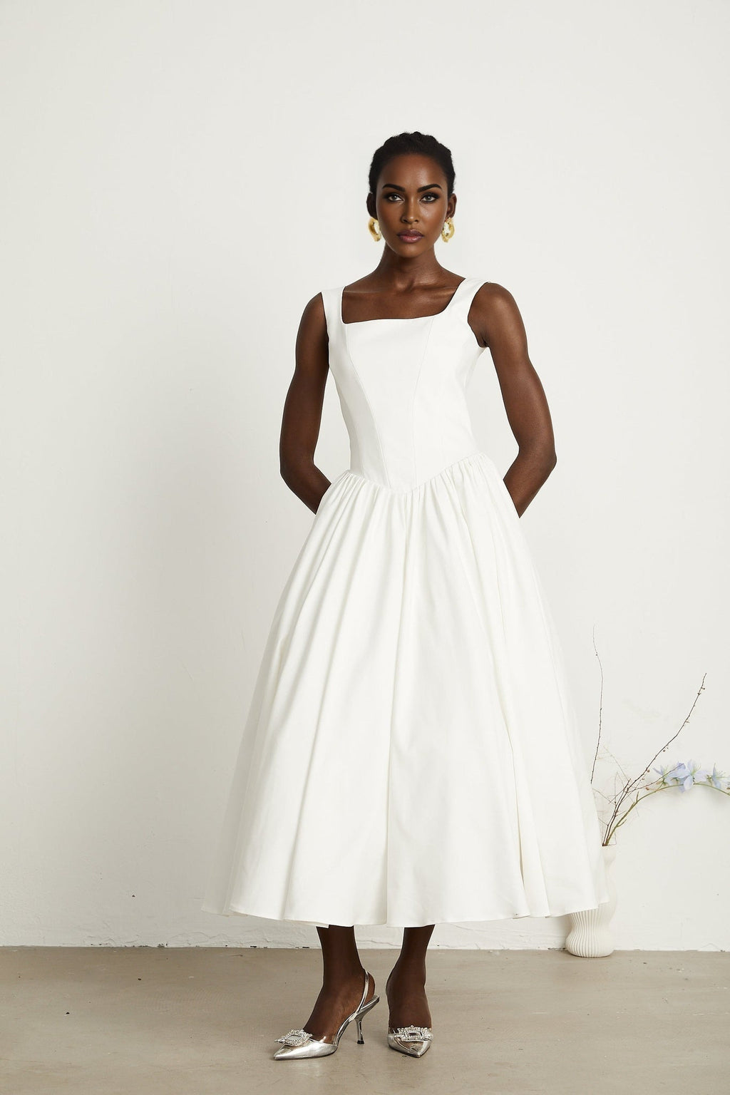 Sadie White Ankle - Length Corset Dress With Square Neckline