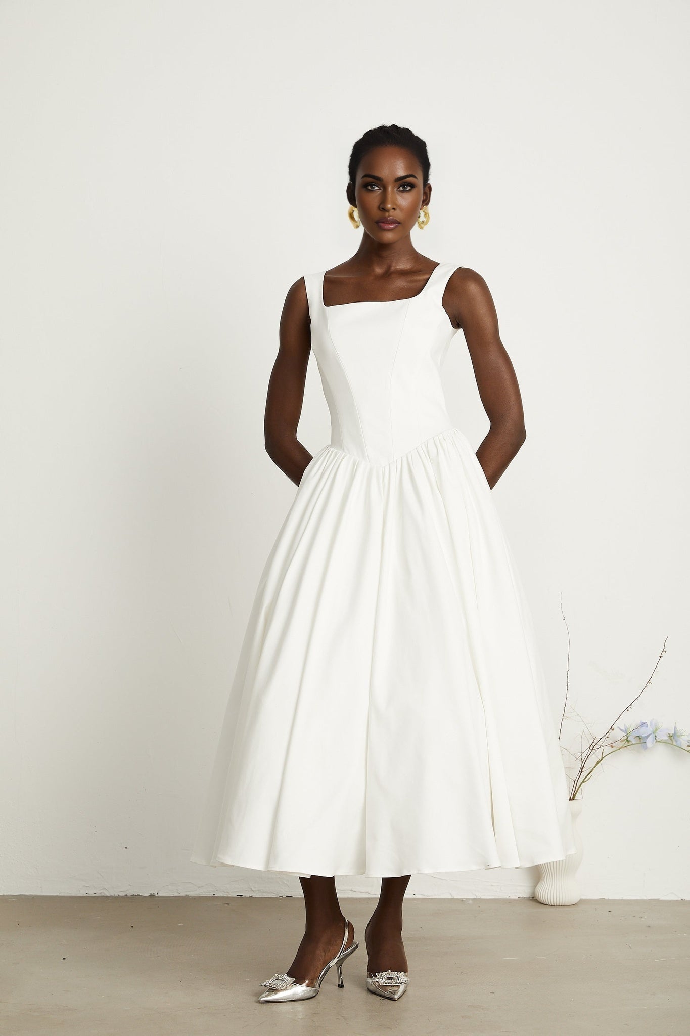 Sadie White Ankle - Length Corset Dress With Square Neckline