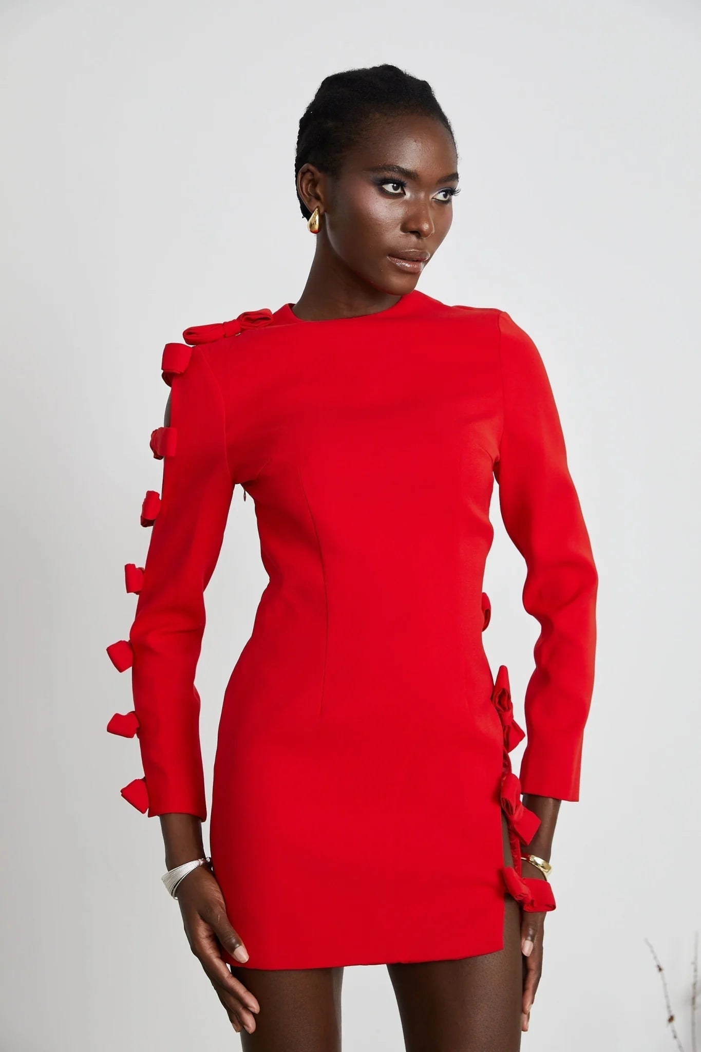 Sage Dress Red Bow Detail Cut - Out Asymmetric Thigh - Length