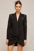 Samantha Blazer Crystal Sequined Wrap Dress in Black