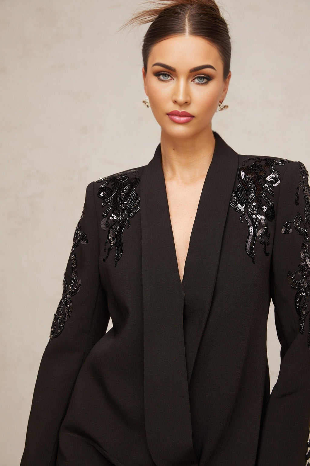 Samantha Blazer Crystal Sequined Wrap Dress in Black