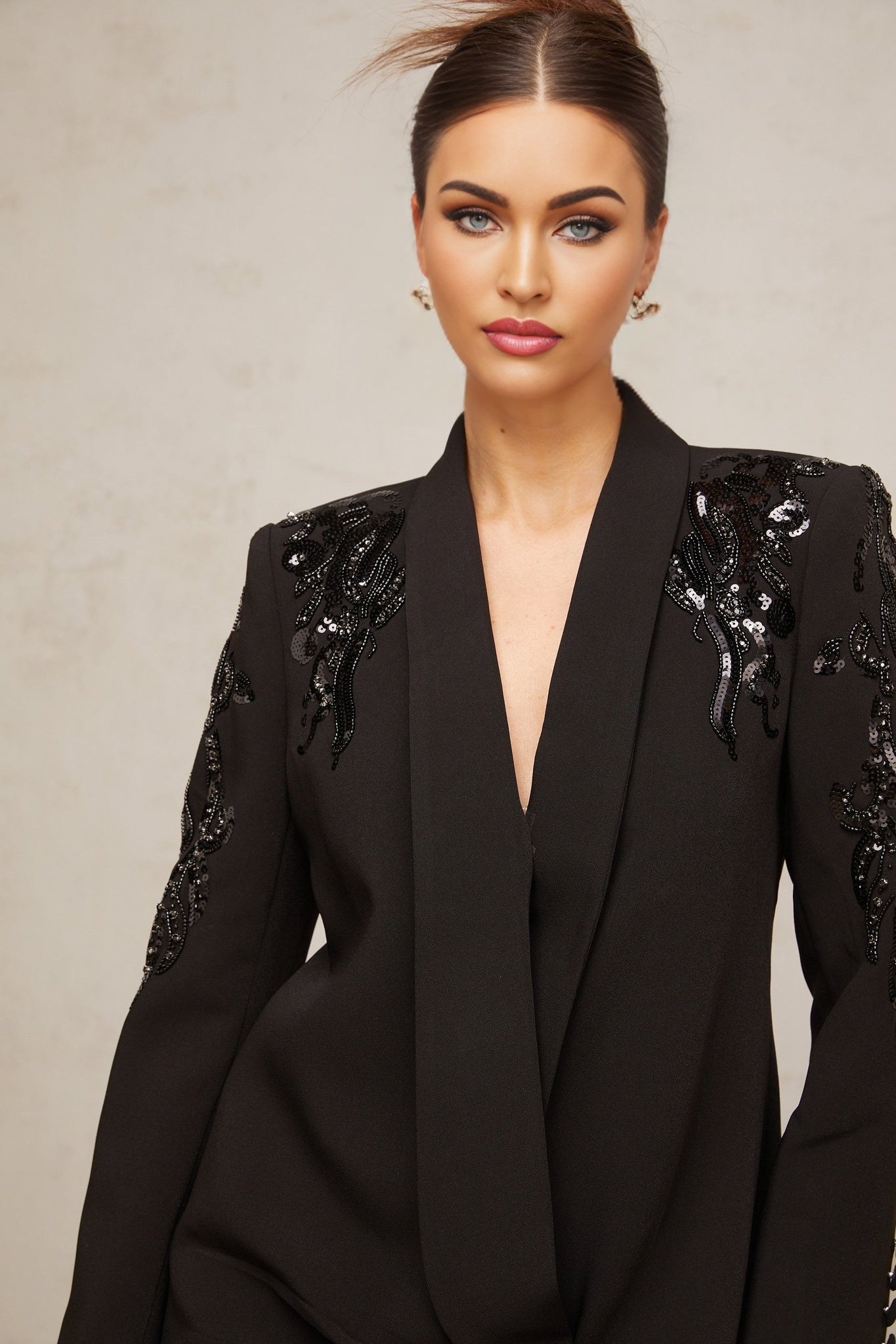 Samantha Blazer Crystal Sequined Wrap Dress in Black