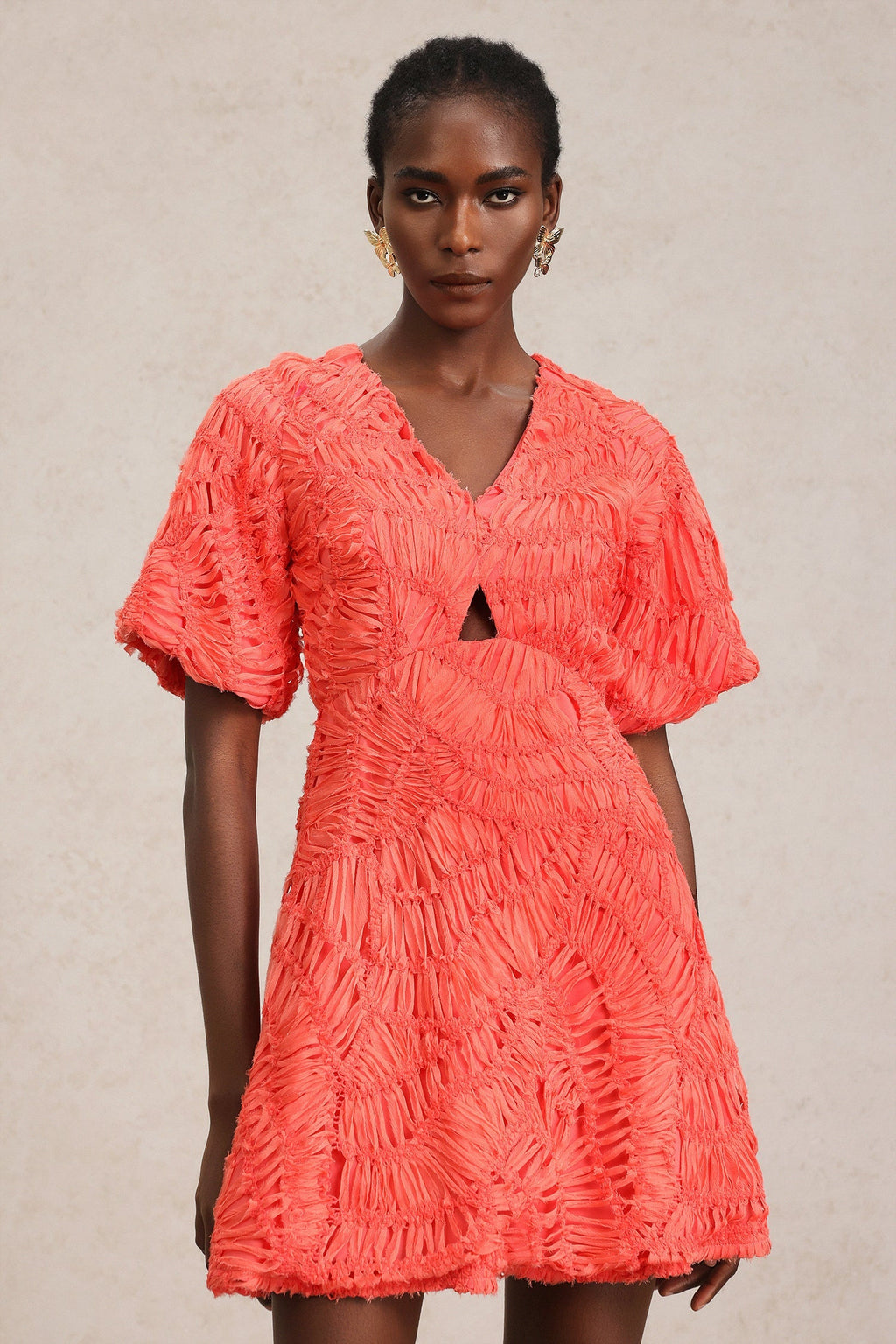 Samantha Coral Textured V-Neck Mini Dress Puff Sleeves Hollow-Out Detailing