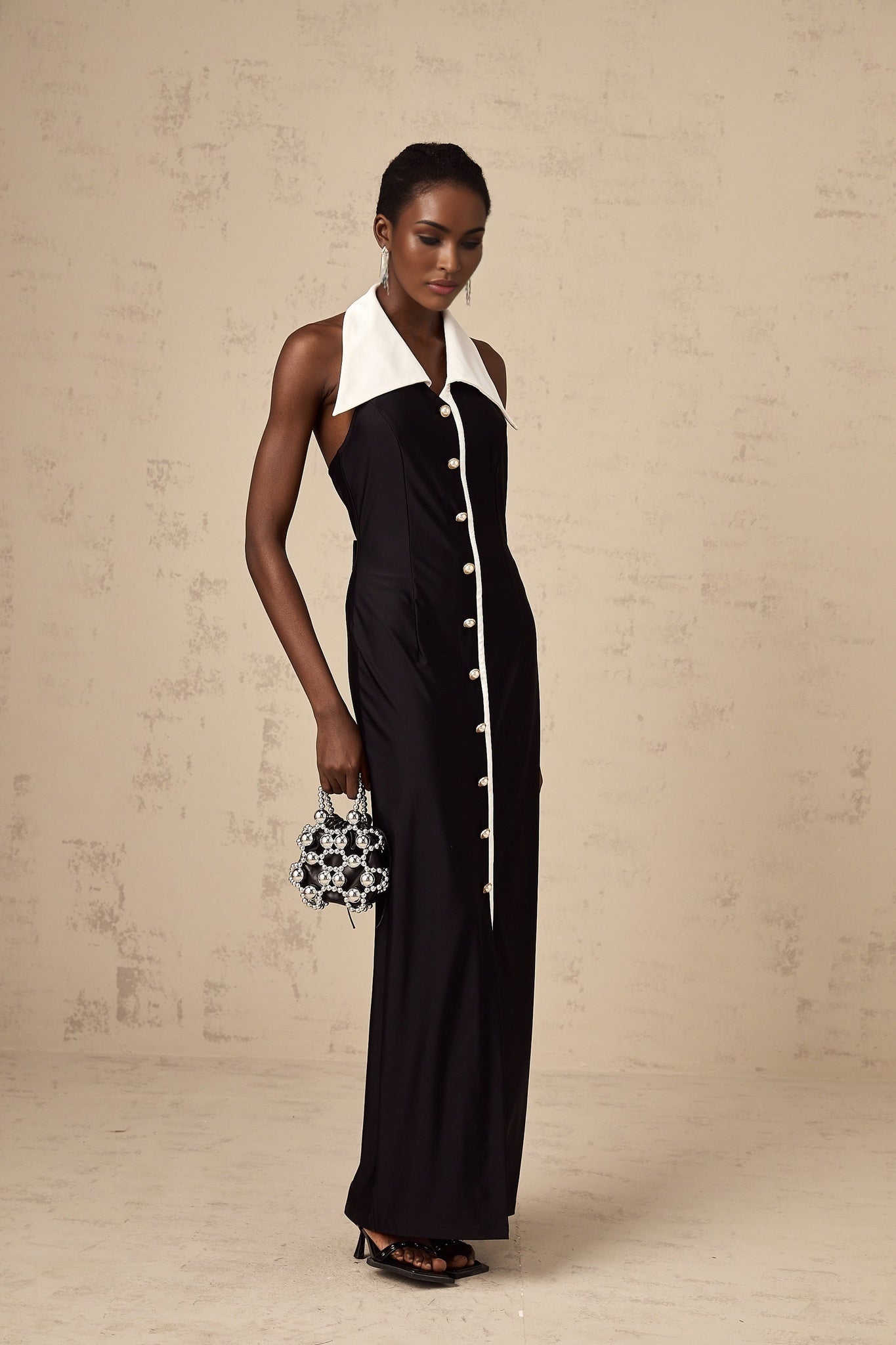 Samantha Maxi Dress Black Open - Back Faux - Pearl Detail