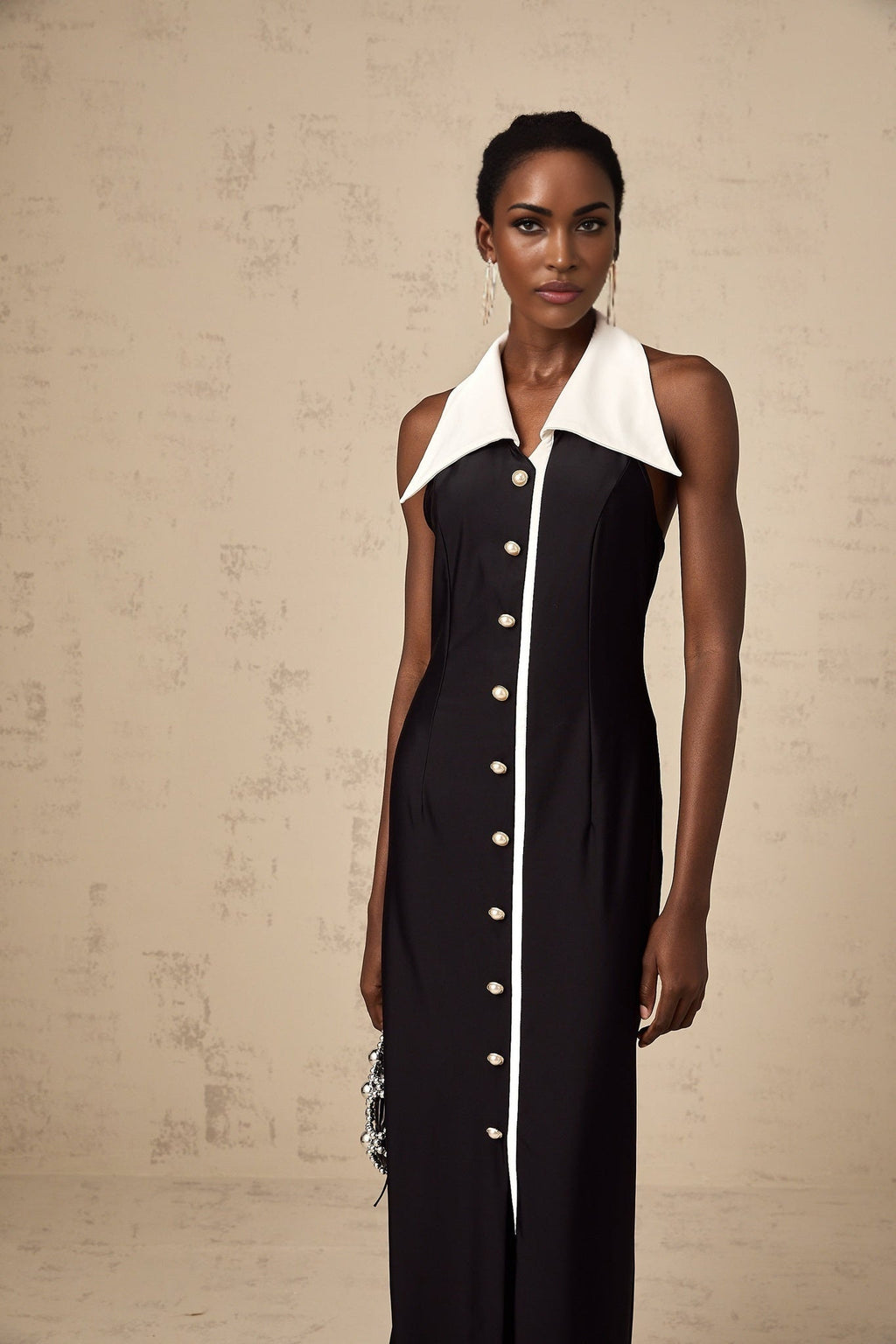 Samantha Maxi Dress Black Open - Back Faux - Pearl Detail