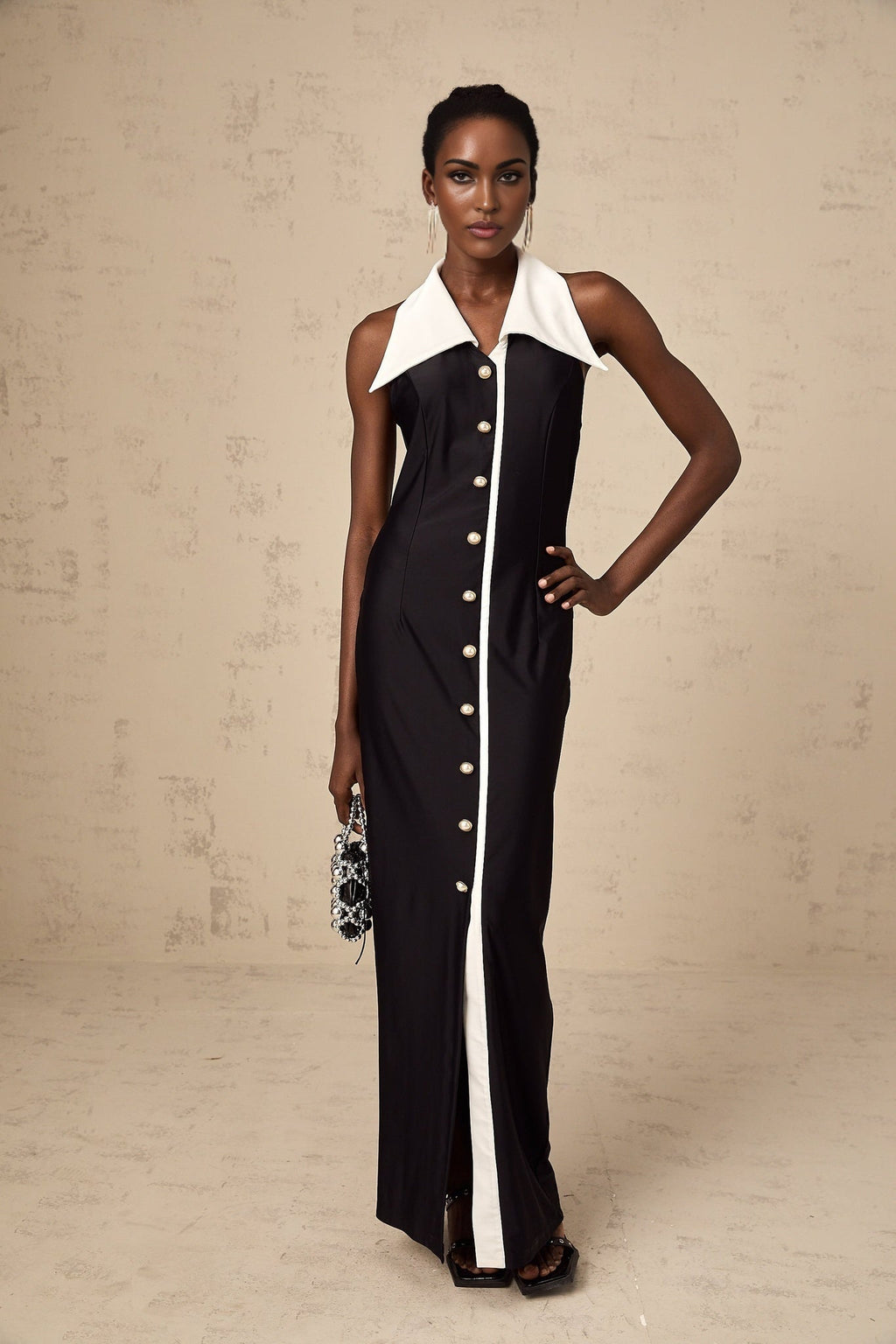 Samantha Maxi Dress Black Open - Back Faux - Pearl Detail