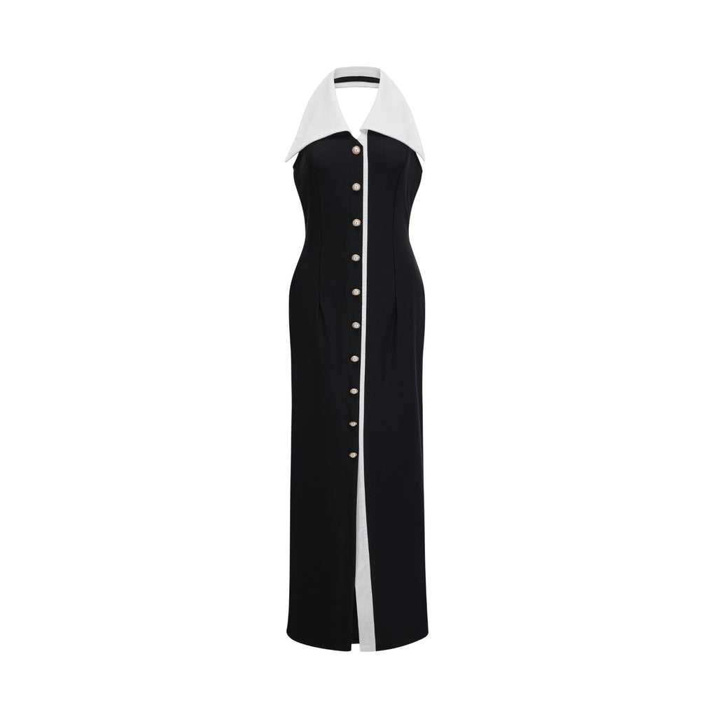 Samantha Maxi Dress Black Open - Back Faux - Pearl Detail
