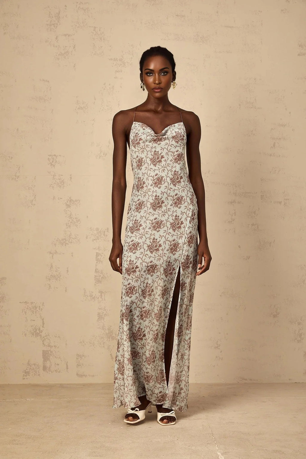 Samantha Maxi Dress Blue Brown Floral Mesh Sleeveless Open Back High Slit