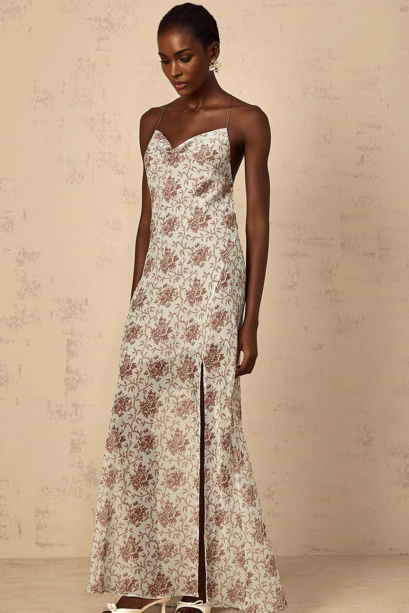 Samantha Maxi Dress Blue Brown Floral Mesh Sleeveless Open Back High Slit