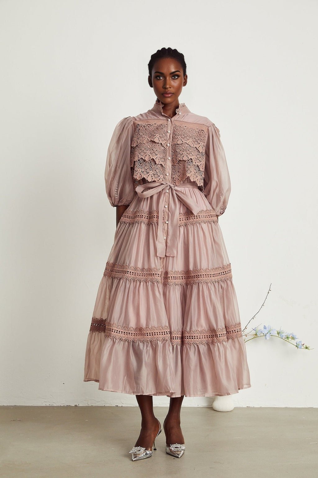 Samantha Midi Dress Pink Lace Cutout Puff Sleeve Belted Tiered Skirt Button Fastening