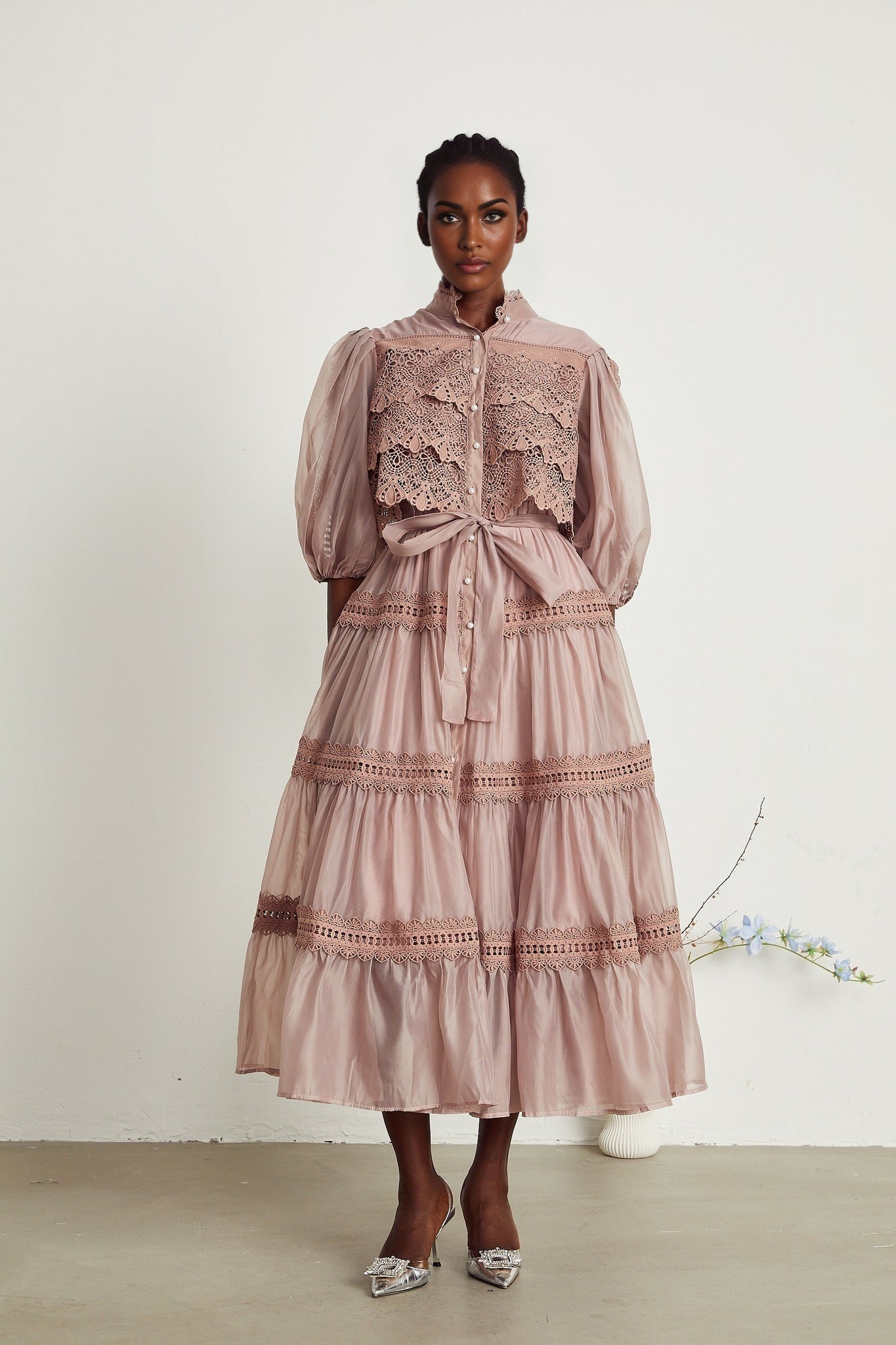Samantha Midi Dress Pink Lace Cutout Puff Sleeve Belted Tiered Skirt Button Fastening